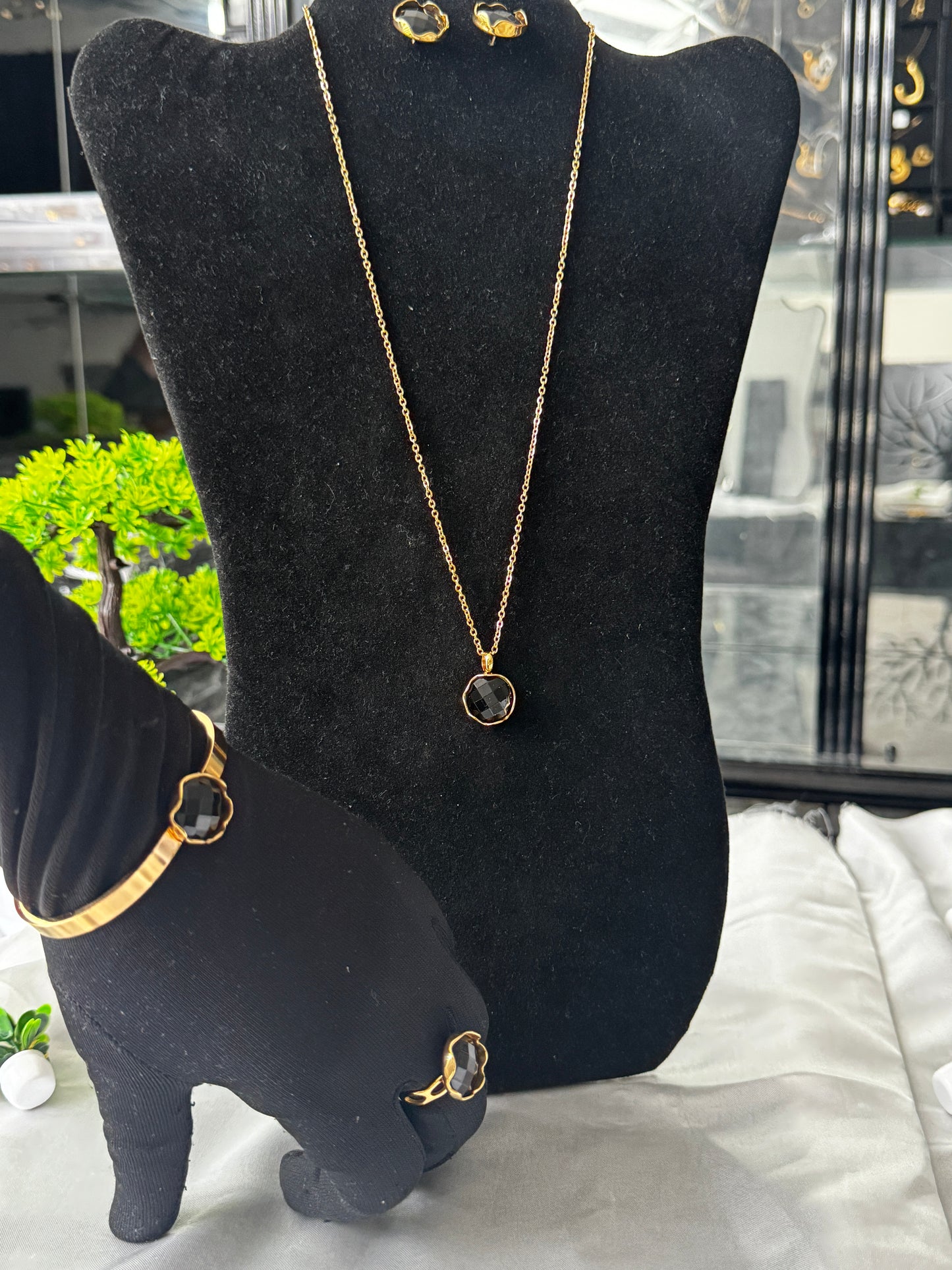 DLux Super Double Electroplated Stainless Steel Jewellery Set - Hypoallergenic Non Tarnish Adjustable One Size Ring 19” Chain