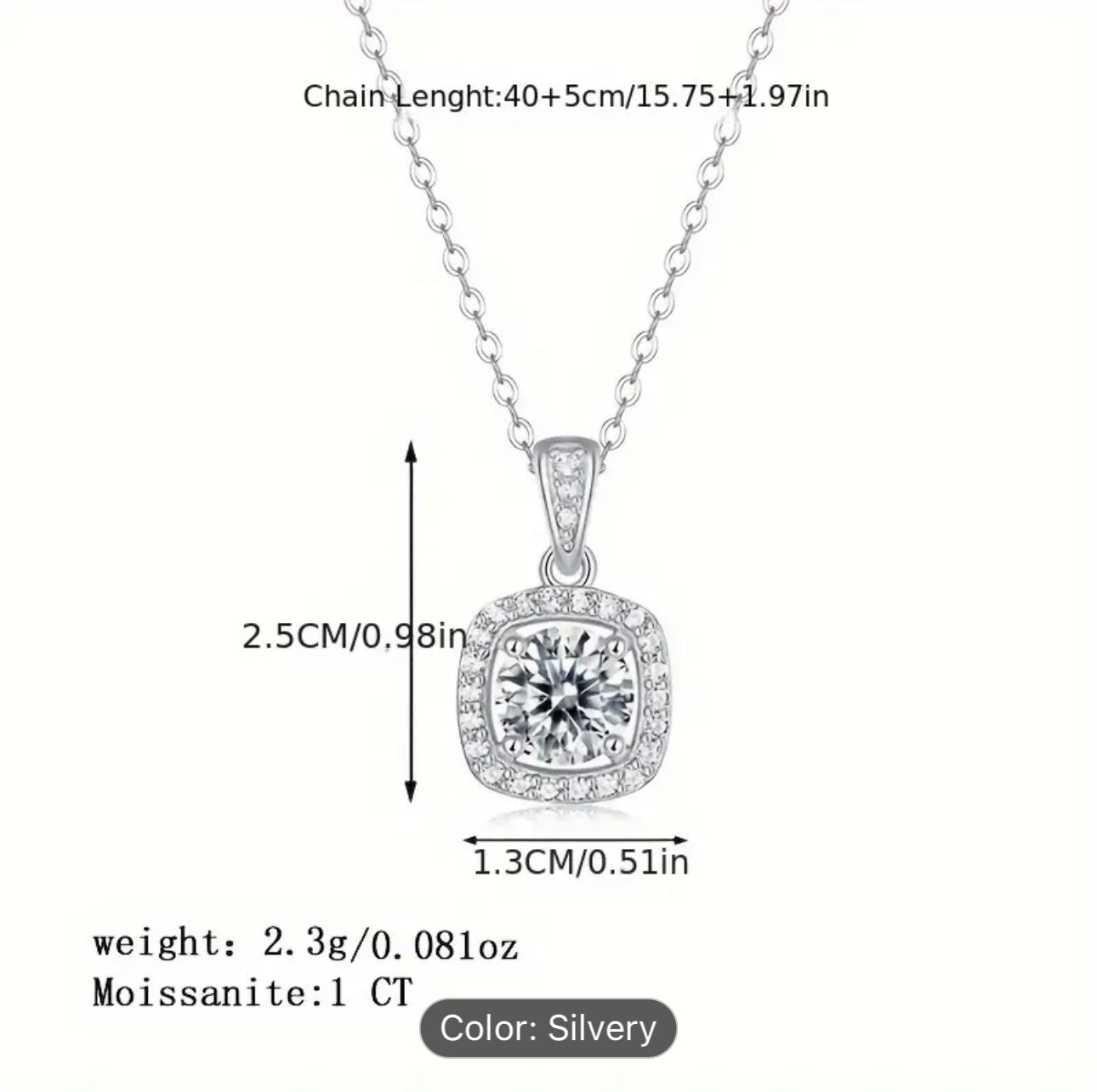 Dilux3 1ct Moissanite 18K Gold Plated Real 925 Sterling Silver Chain Necklace Jewellery for Bridal Wedding Party