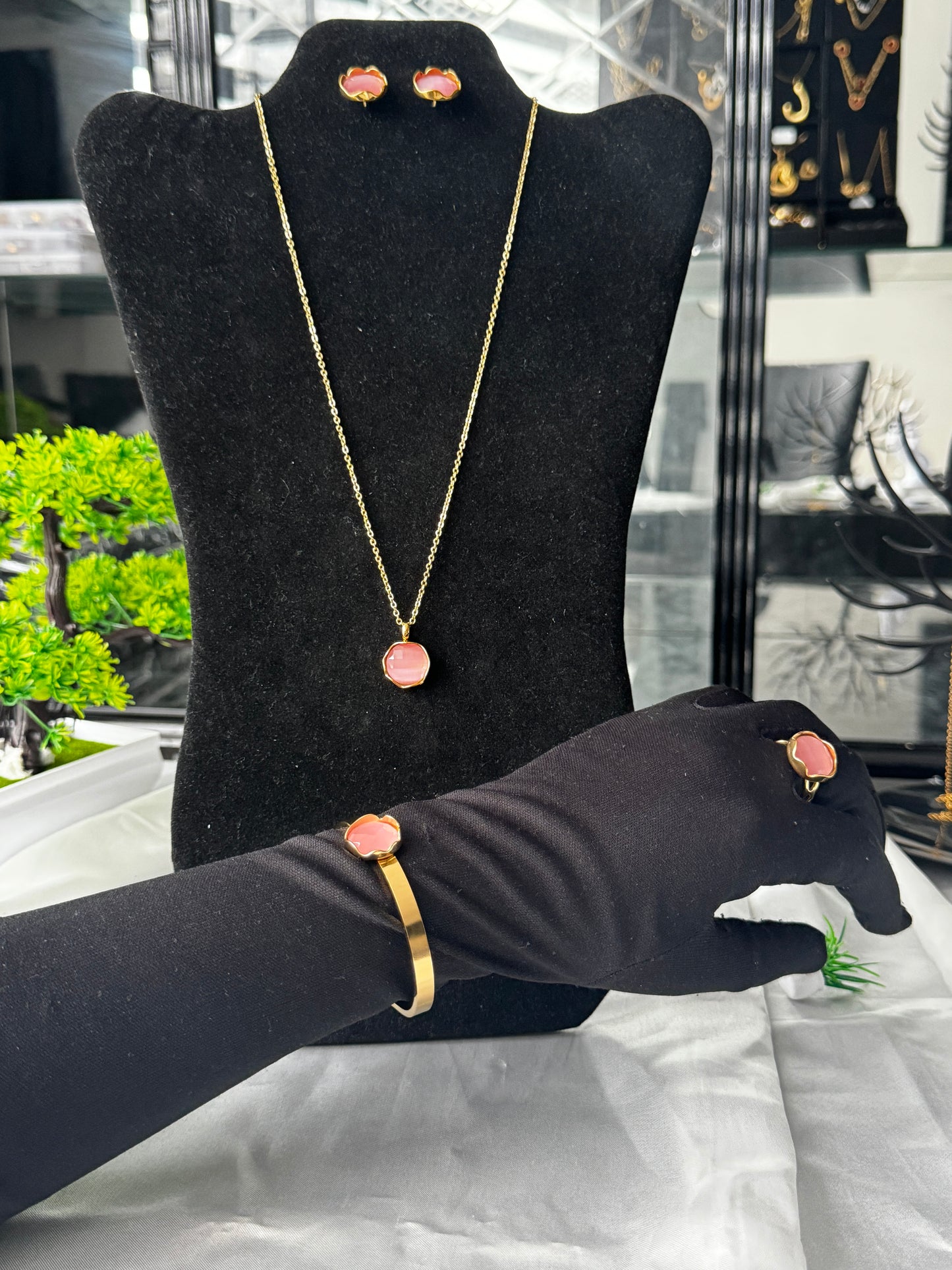 DLux Super Double Electroplated Stainless Steel Jewellery Set - Hypoallergenic Non Tarnish Adjustable One Size Ring 19” Chain