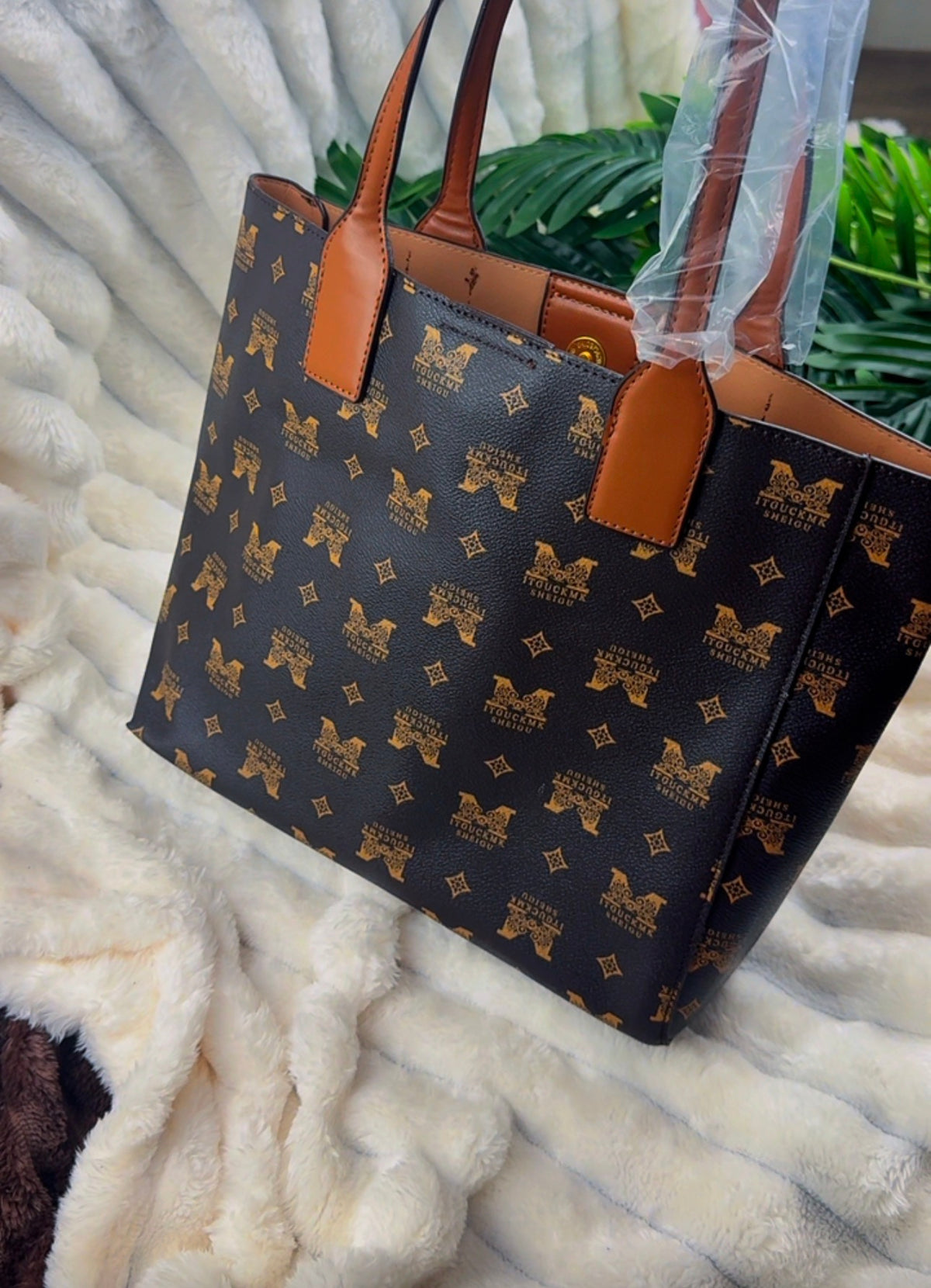 Women's Brown Monogram Pattern Tote Bag  | LARYZ Everyday 040 | Big