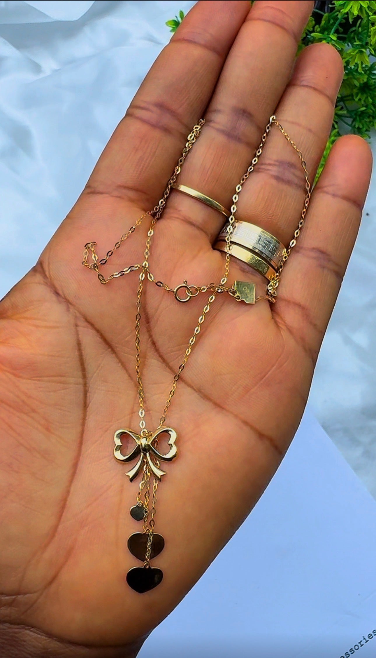 18K Solid Gold Bow Pendant Necklace with Hanging Hearts (1.9g) | Dainty Gold Jewellery | 18 Inches (Extra)