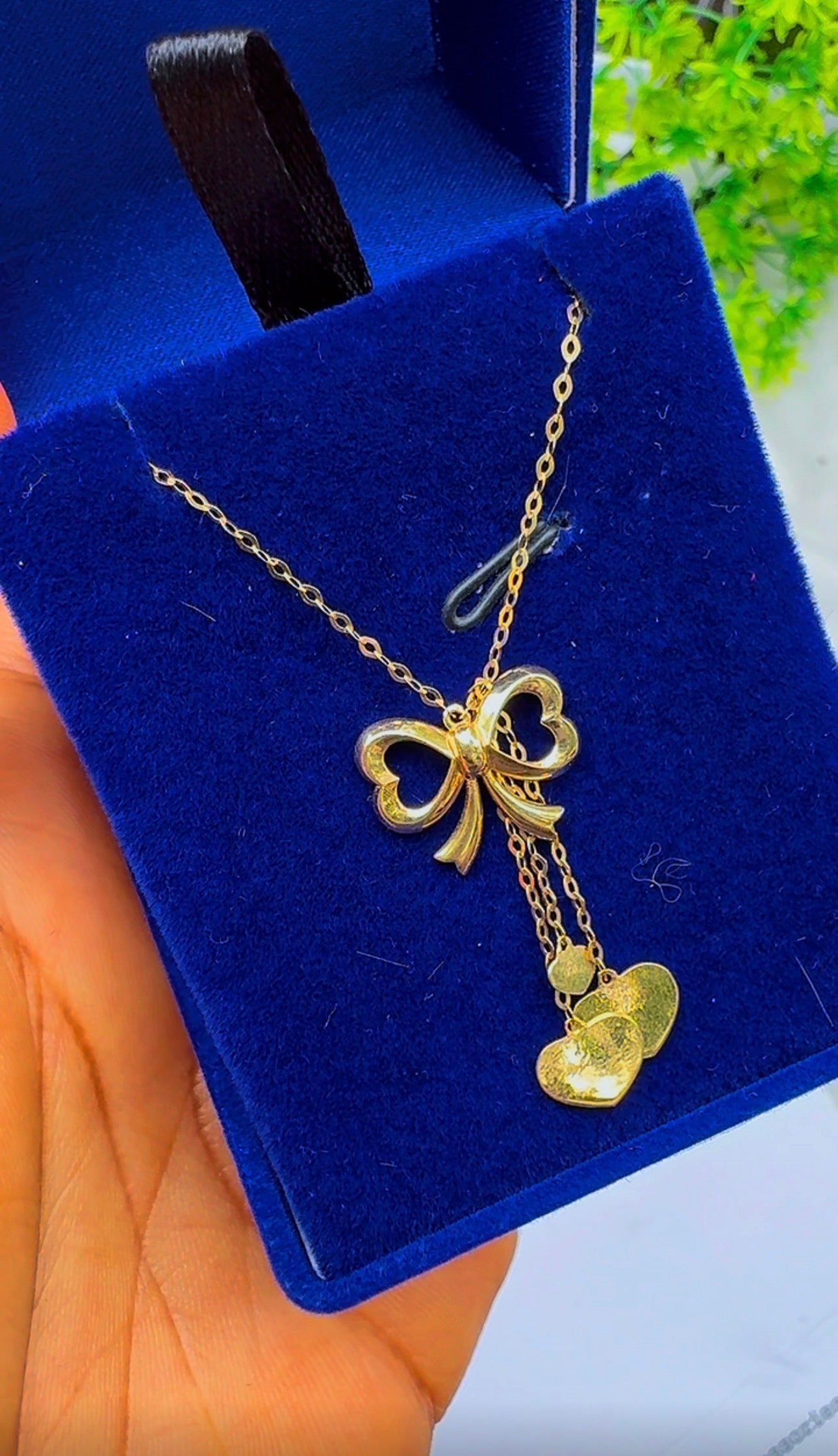 18K Solid Gold Bow Pendant Necklace with Hanging Hearts (1.9g) | Dainty Gold Jewellery | 18 Inches (Extra)