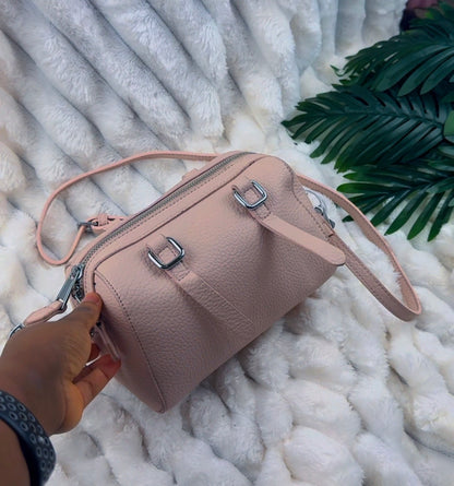 Blush Pink Pebble Leather Barrel Crossbody Bag with Buckle Accents | LARYZ Everyday 015 | Small-Medium