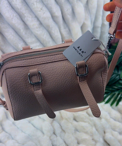 Blush Pink Pebble Leather Barrel Crossbody Bag with Buckle Accents | LARYZ Everyday 015 | Small-Medium