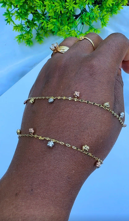 18ct Solid Gold 3-Tone Charm Anklet | 10 Inches | 2.4g