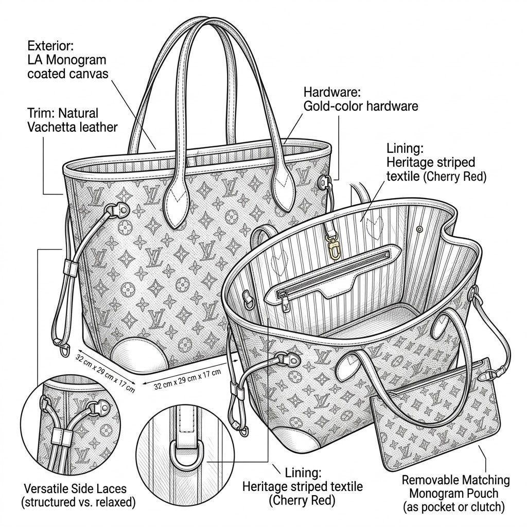 Monogram Canvas Tote Bag with Leather Shoulder Strap and Removable Pouch - LASi008