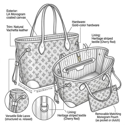 Monogram Canvas Tote Bag with Leather Shoulder Strap and Removable Pouch - LASi008