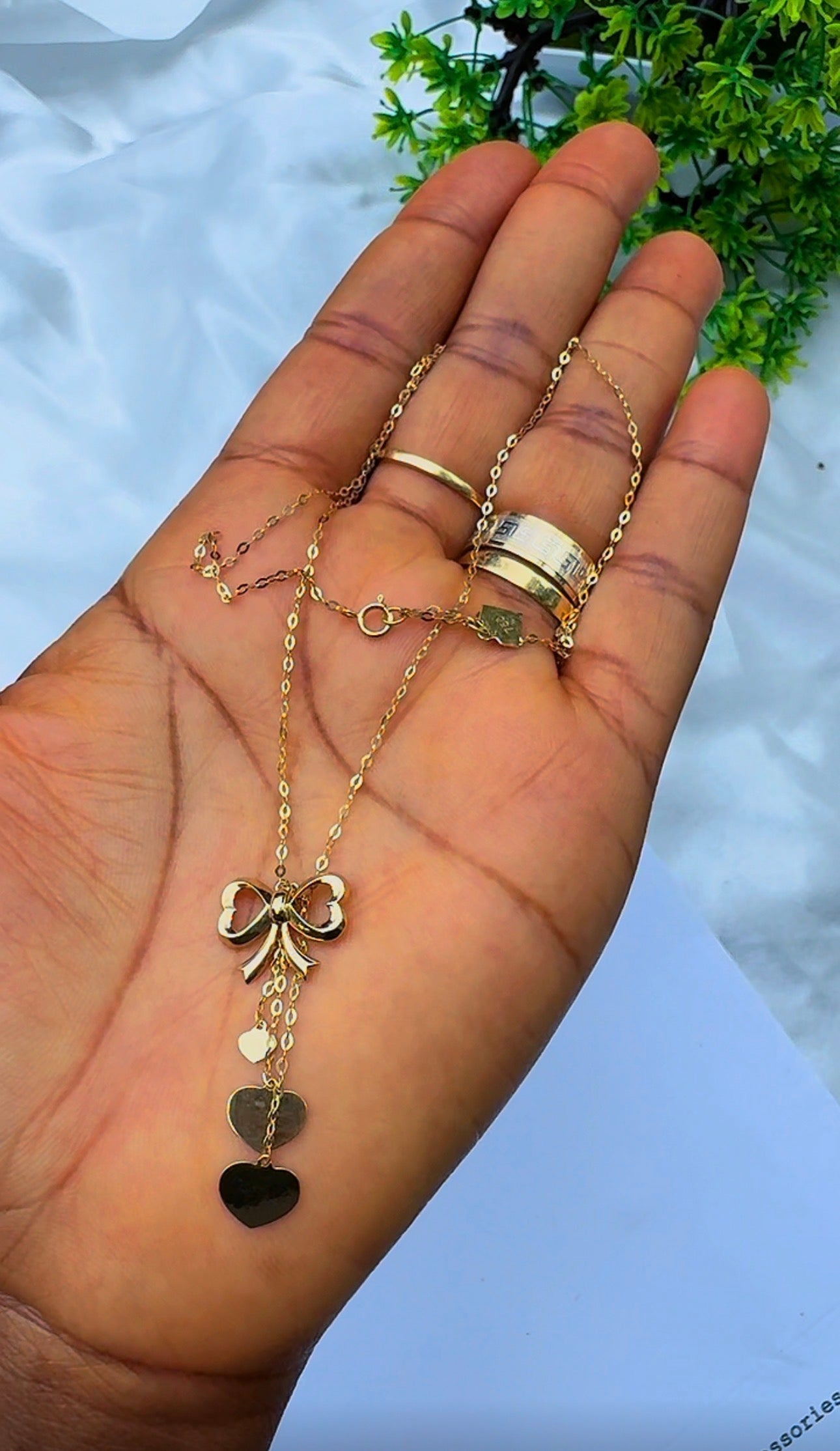 18K Solid Gold Bow Pendant Necklace with Hanging Hearts (1.9g) | Dainty Gold Jewellery | 18 Inches (Extra)