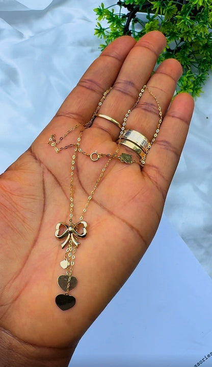 18K Solid Gold Bow Pendant Necklace with Hanging Hearts (1.9g) | Dainty Gold Jewellery | 18 Inches (Extra)