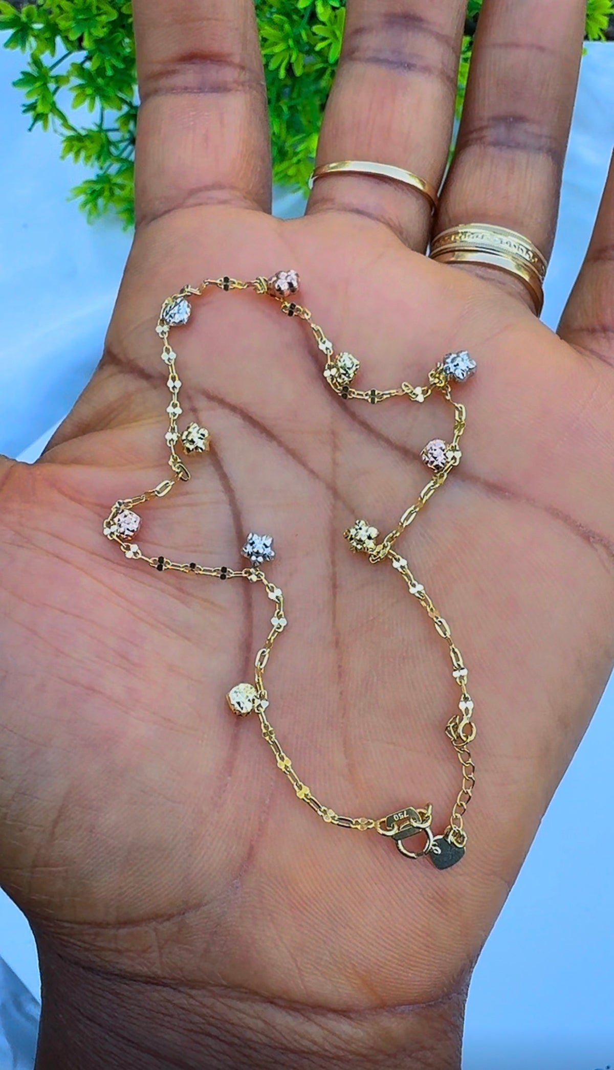 18ct Solid Gold 3-Tone Charm Anklet | 10 Inches | 2.4g