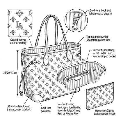 Monogram Canvas Tote Bag with Leather Shoulder Strap and Removable Pouch - LASi008