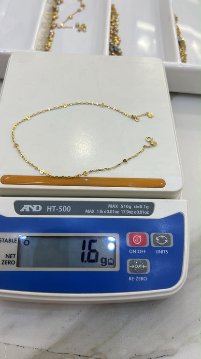 18 Karat Genuine Gold 3-Tone Heart Leg Chain (Anklet) | 10.5 Inches | 1.6g