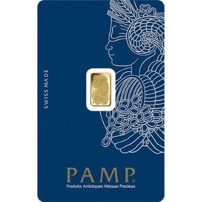 Gold bar on a blue PAMP Suisse card with decorative design