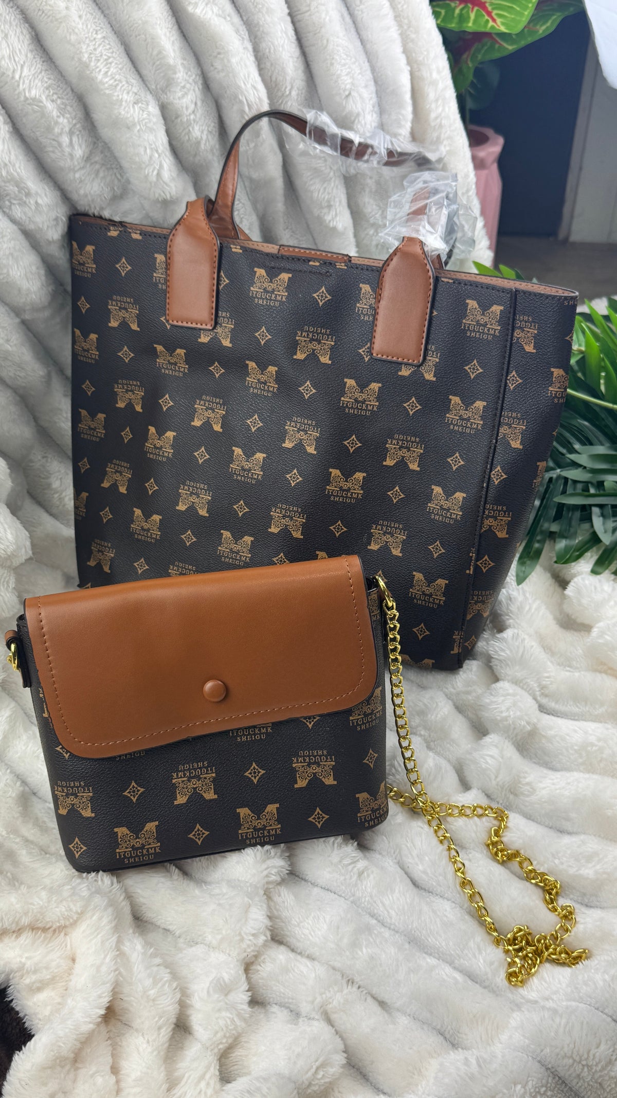 Women's Brown Monogram Pattern Tote Bag  | LARYZ Everyday 040 | Big