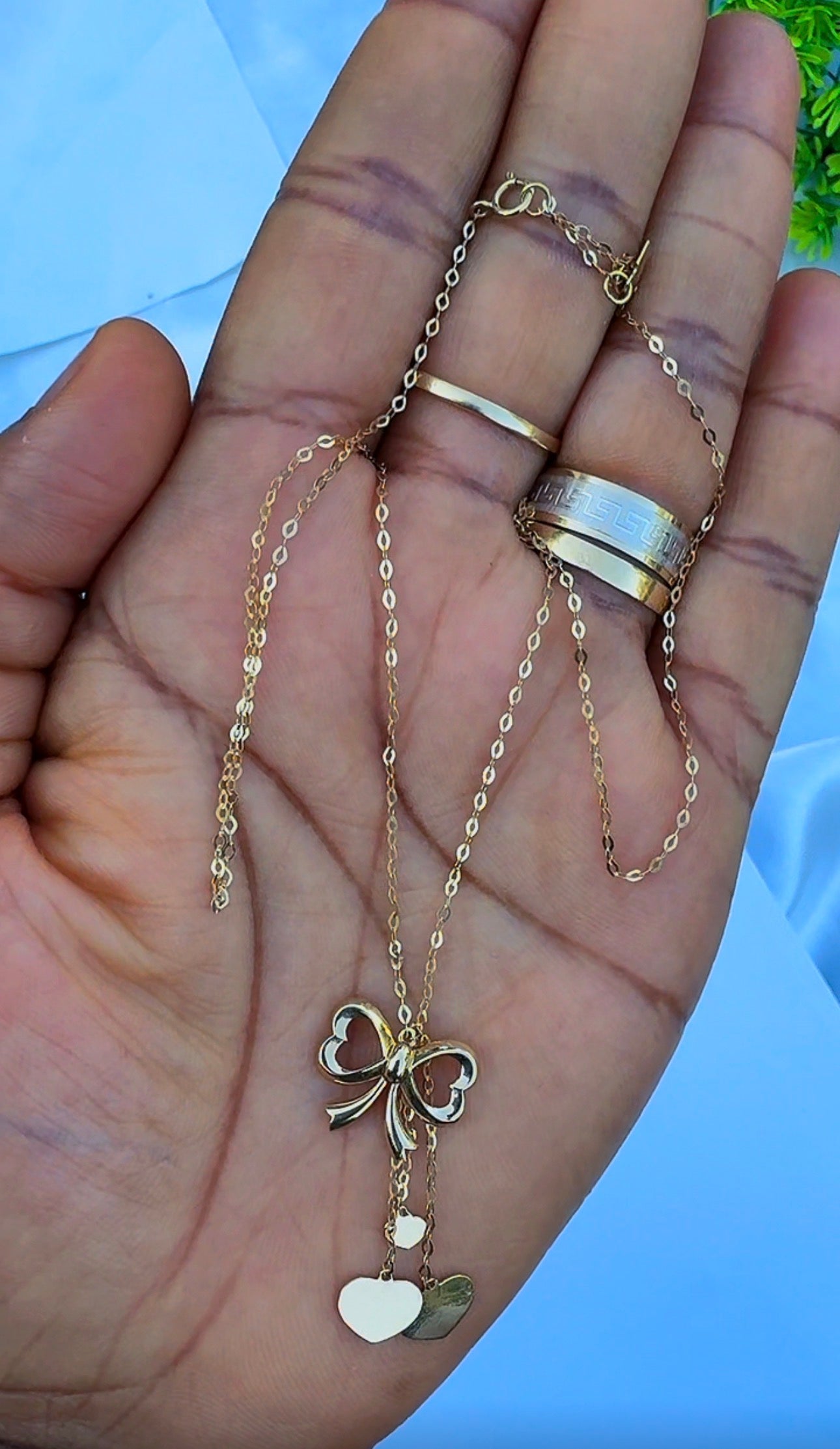 18K Solid Gold Bow Pendant Necklace with Hanging Hearts (1.9g) | Dainty Gold Jewellery | 18 Inches (Extra)