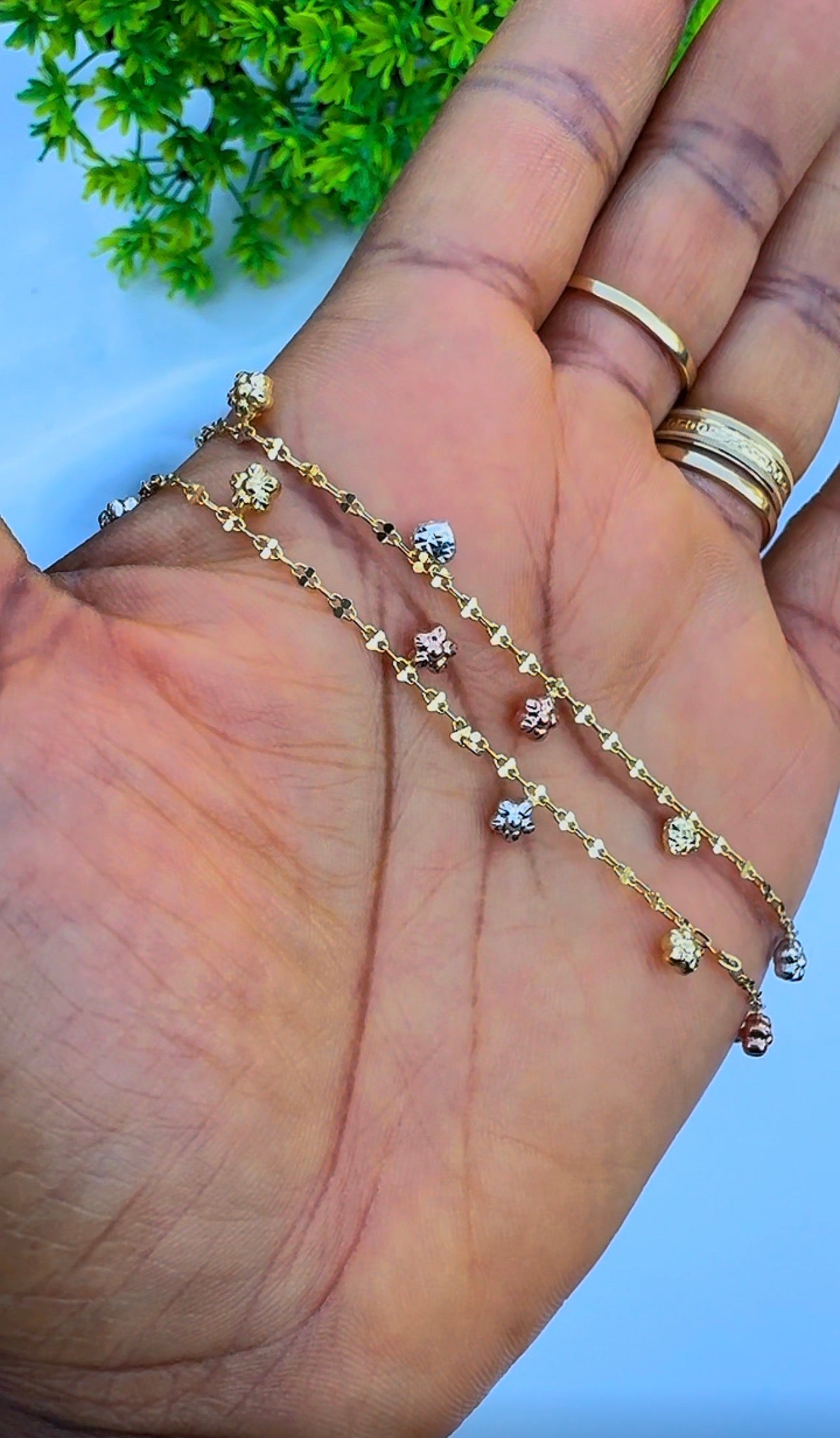18ct Solid Gold 3-Tone Charm Anklet | 10 Inches | 2.4g