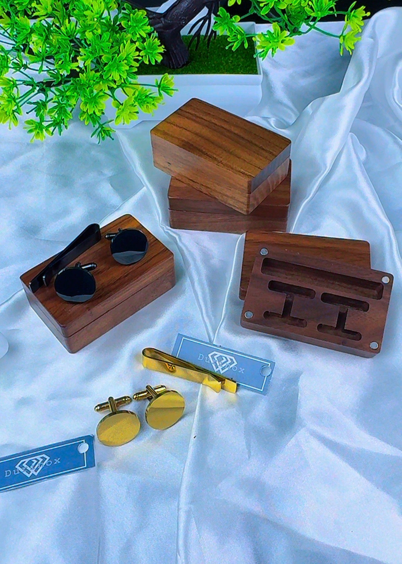 DuriBox Handmade Quality Walnut Wood Cufflinks Box Cufflinks Organizer Engraved Cufflinks & Tie Clip Wood Box Gift Set For Men