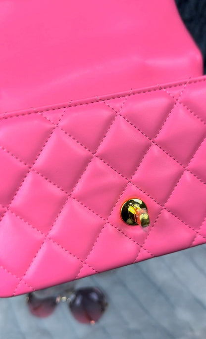 Luxury Pink Quilted Leather Crossbody Bag with Chain Handle & Back Pocket - LASi002