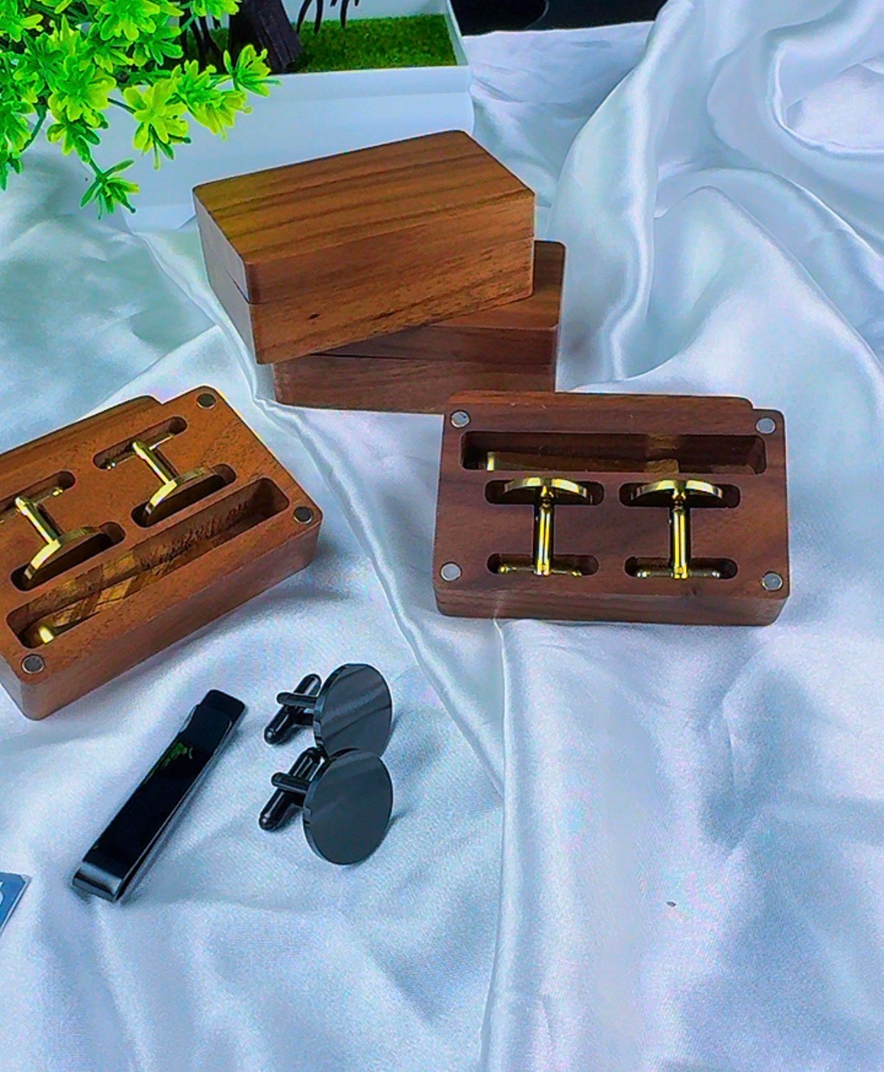DuriBox Handmade Quality Walnut Wood Cufflinks Box Cufflinks Organizer Engraved Cufflinks & Tie Clip Wood Box Gift Set For Men