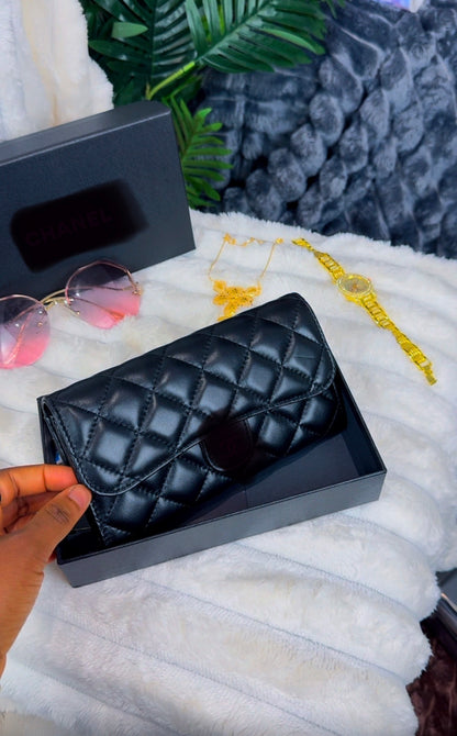 The Black Quilted Lambskin Leather Wallet - LASi010 - NO CHAIN