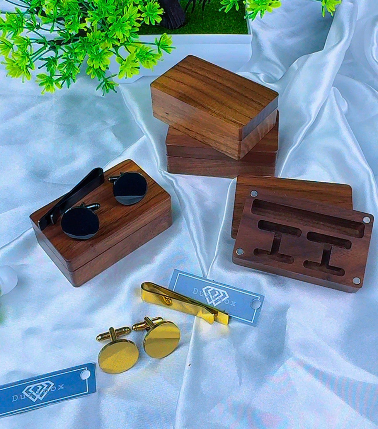 DuriBox Handmade Quality Walnut Wood Cufflinks Box Cufflinks Organizer Engraved Cufflinks & Tie Clip Wood Box Gift Set For Men