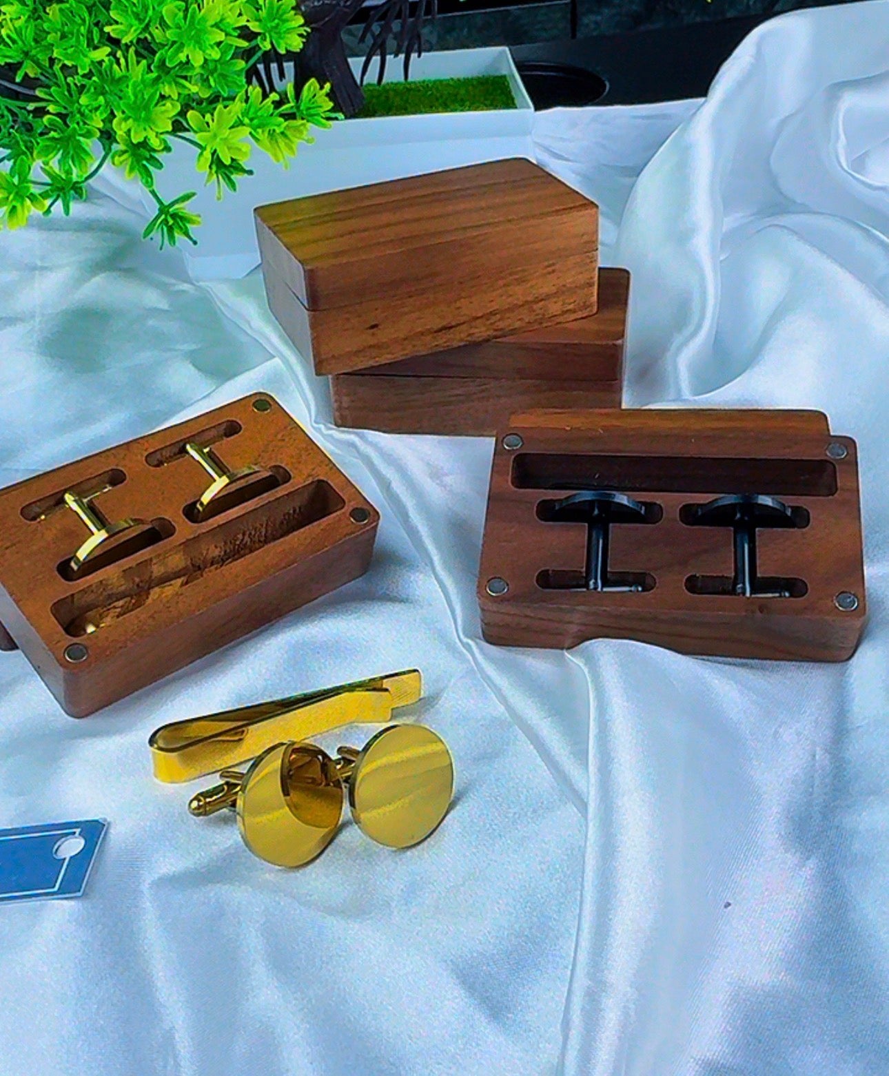 DuriBox Handmade Quality Walnut Wood Cufflinks Box Cufflinks Organizer Engraved Cufflinks & Tie Clip Wood Box Gift Set For Men
