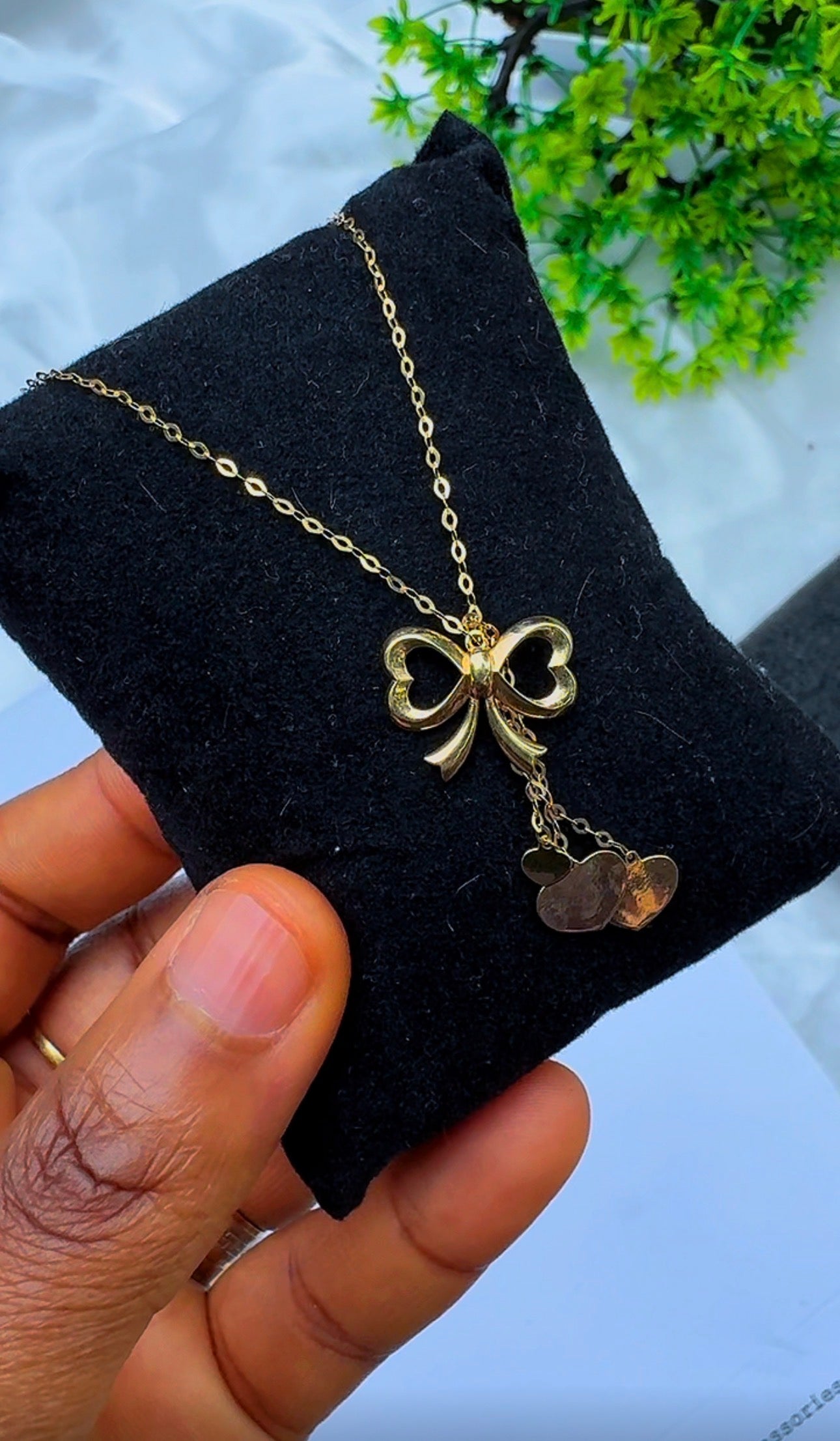18K Solid Gold Bow Pendant Necklace with Hanging Hearts (1.9g) | Dainty Gold Jewellery | 18 Inches (Extra)
