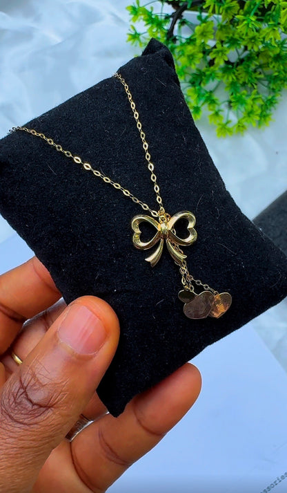 18K Solid Gold Bow Pendant Necklace with Hanging Hearts (1.9g) | Dainty Gold Jewellery | 18 Inches (Extra)