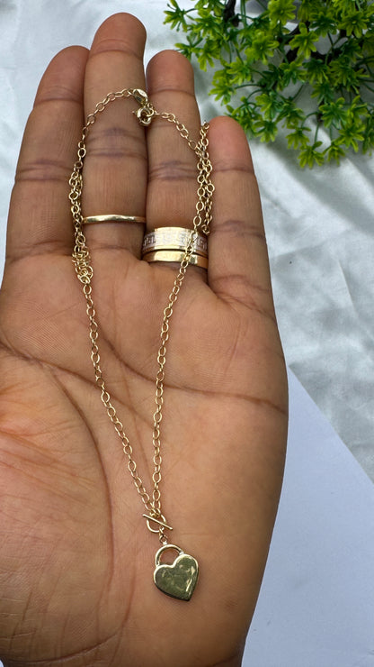 18K Solid Gold Heart Padlock & Toggle Clasp Chain Necklace (2.1g) | 18 Inches