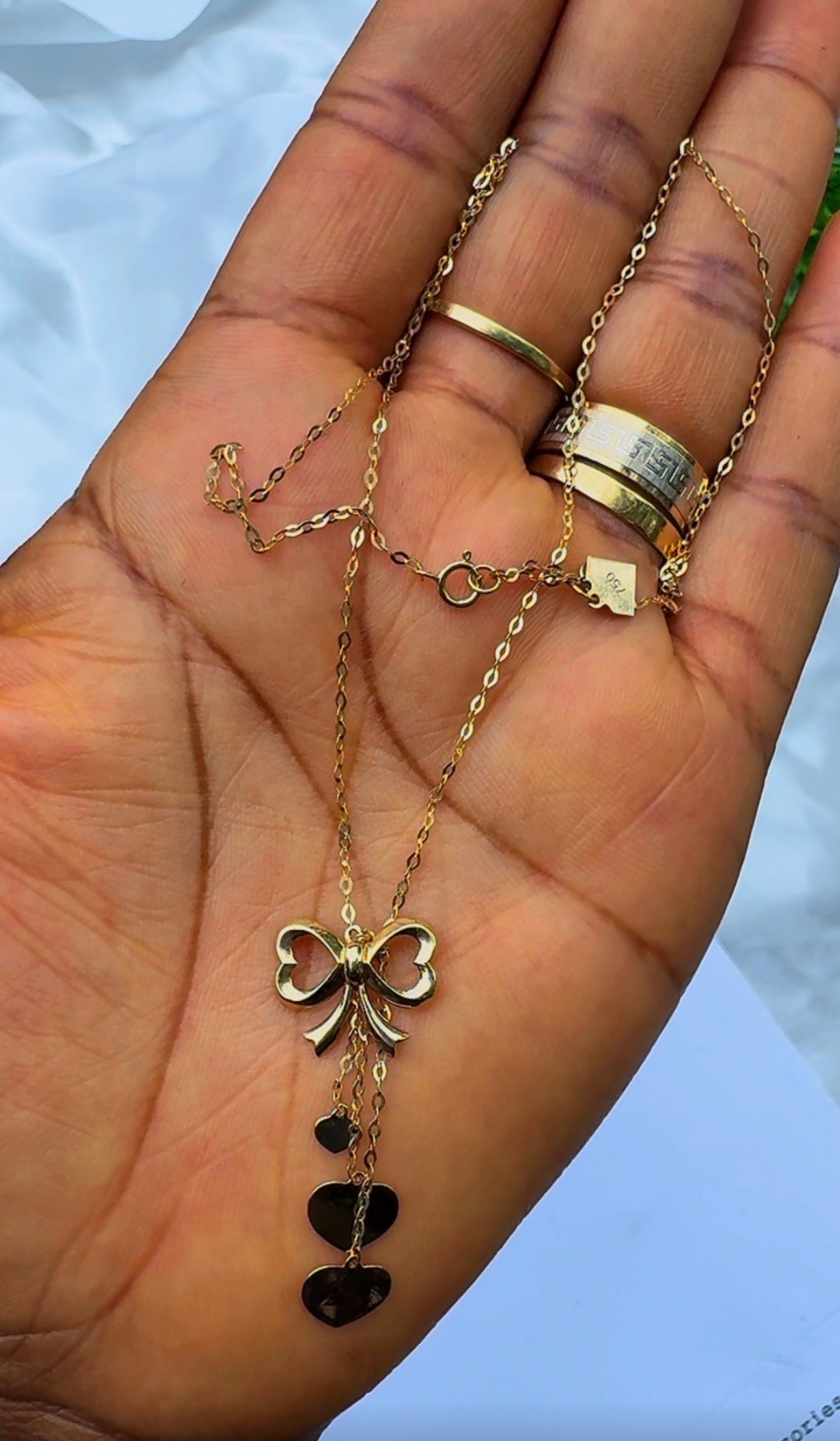 18K Solid Gold Bow Pendant Necklace with Hanging Hearts (1.9g) | Dainty Gold Jewellery | 18 Inches (Extra)