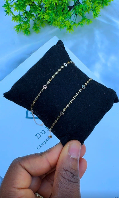 18 Karat Genuine Gold 3-Tone Heart Leg Chain (Anklet) | 10.5 Inches | 1.6g