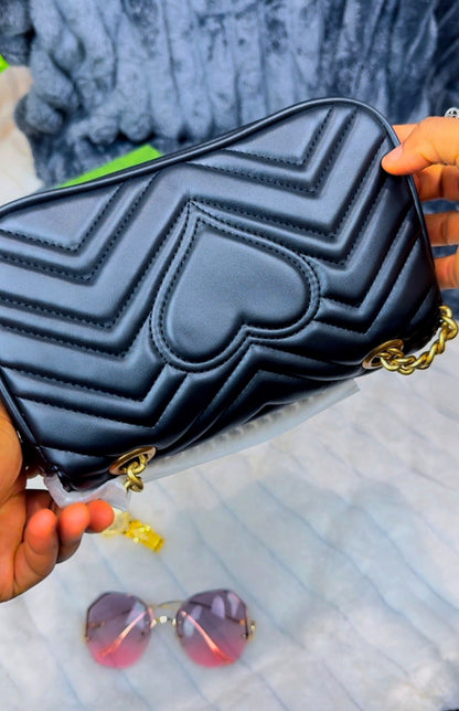 Chevron Quilted Flap Bag, Mini Calfskin Shoulder Bag, Heart Stitched Crossbody Bag - LASi004