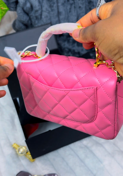 Luxury Pink Quilted Leather Crossbody Bag with Chain Handle & Back Pocket - LASi002