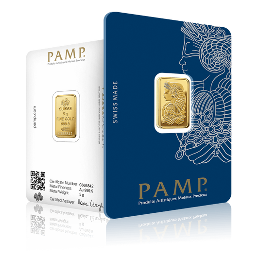 PAMP gold bar packaging with blue and white design