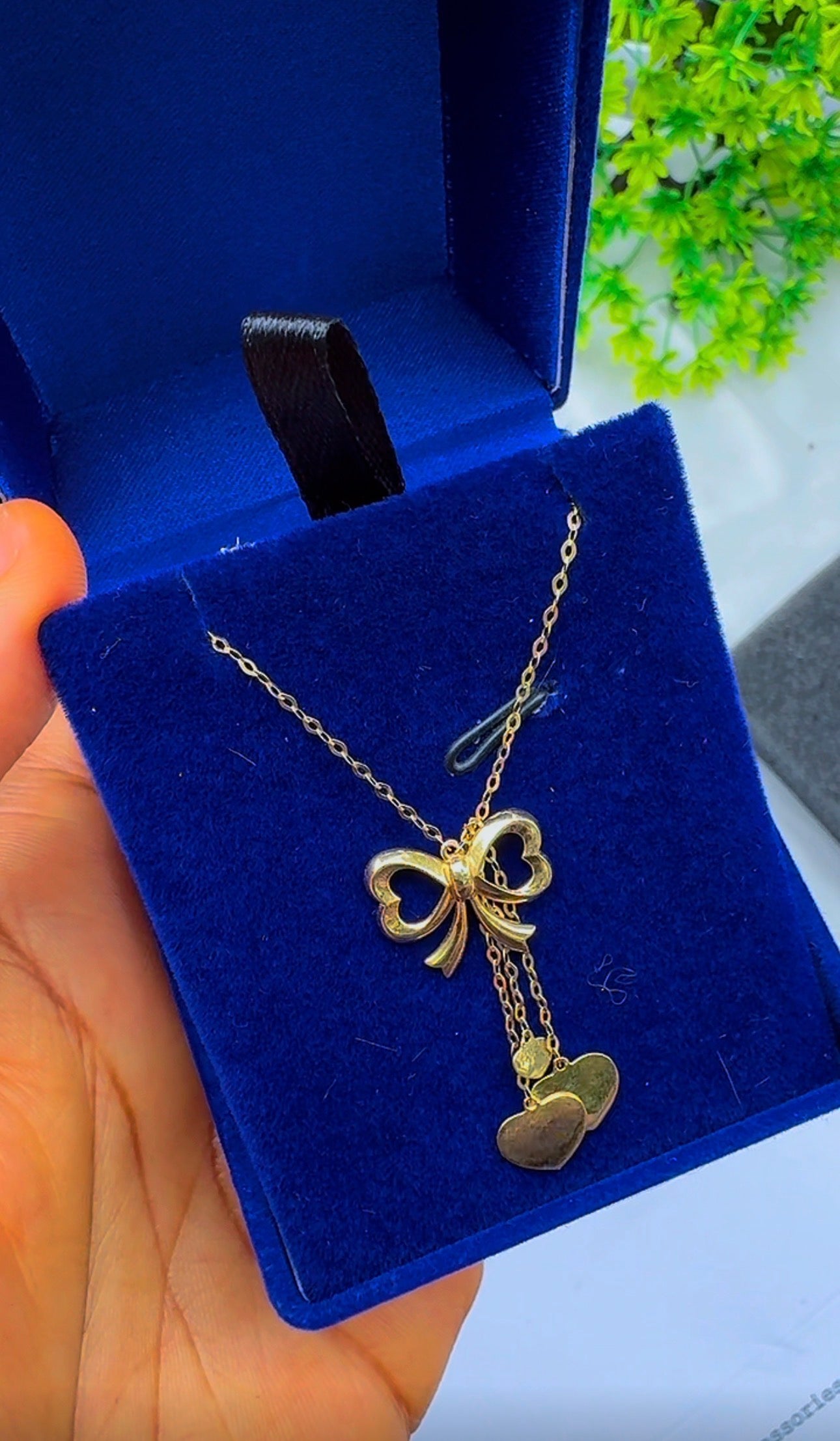 18K Solid Gold Bow Pendant Necklace with Hanging Hearts (1.9g) | Dainty Gold Jewellery | 18 Inches (Extra)