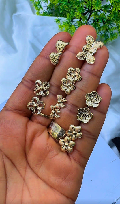 18K Solid Gold Textured Stud Earrings – Floral, Greek Key Clover & Bow Statement Stud Earrings (Pick Your Style) | 1.5 - 2.0g