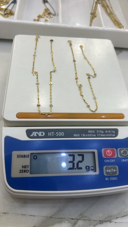 18 Karat Genuine Gold 3-Tone Heart Leg Chain (Anklet) | 10.5 Inches | 1.6g