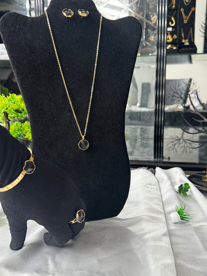DLux Super Double Electroplated Stainless Steel Jewellery Set - Hypoallergenic Non Tarnish Adjustable One Size Ring 19” Chain