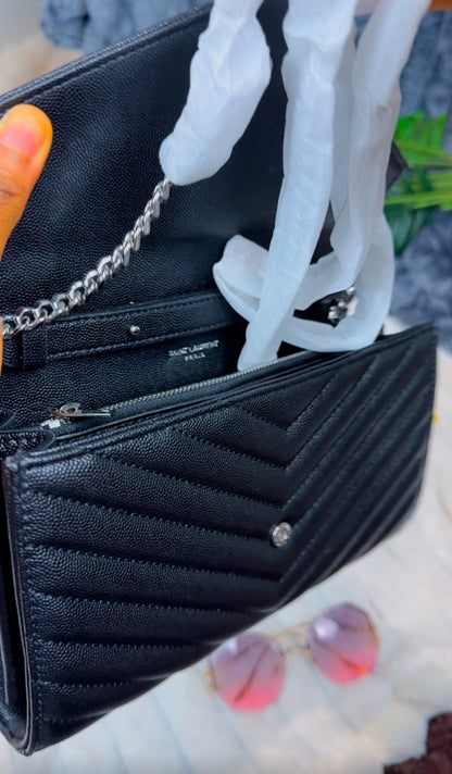 Scratch Resistant Genuine Calfskin Leather {Black & Beige} Wallet on Chain - LASi012