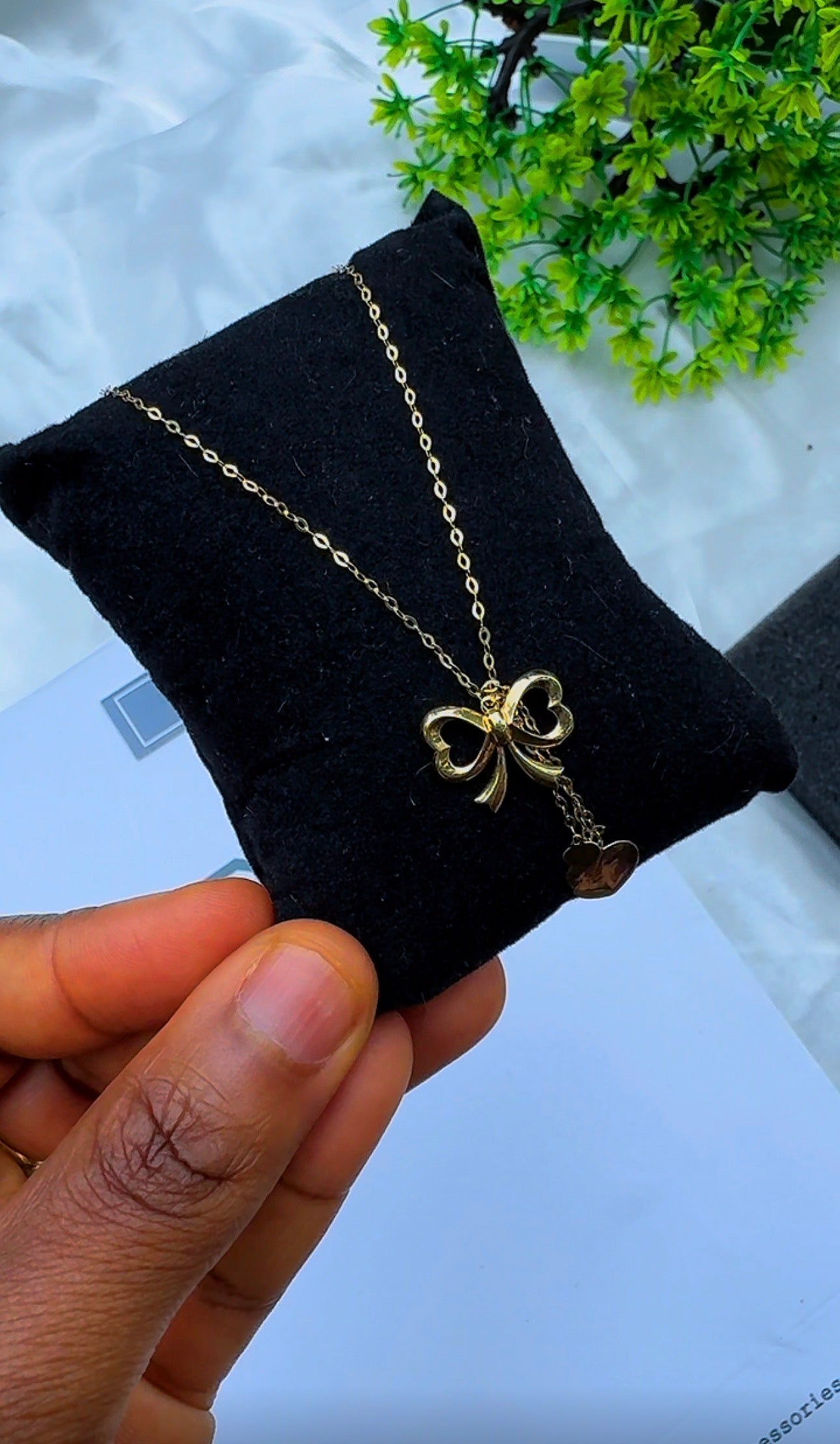 18K Solid Gold Bow Pendant Necklace with Hanging Hearts (1.9g) | Dainty Gold Jewellery | 18 Inches (Extra)