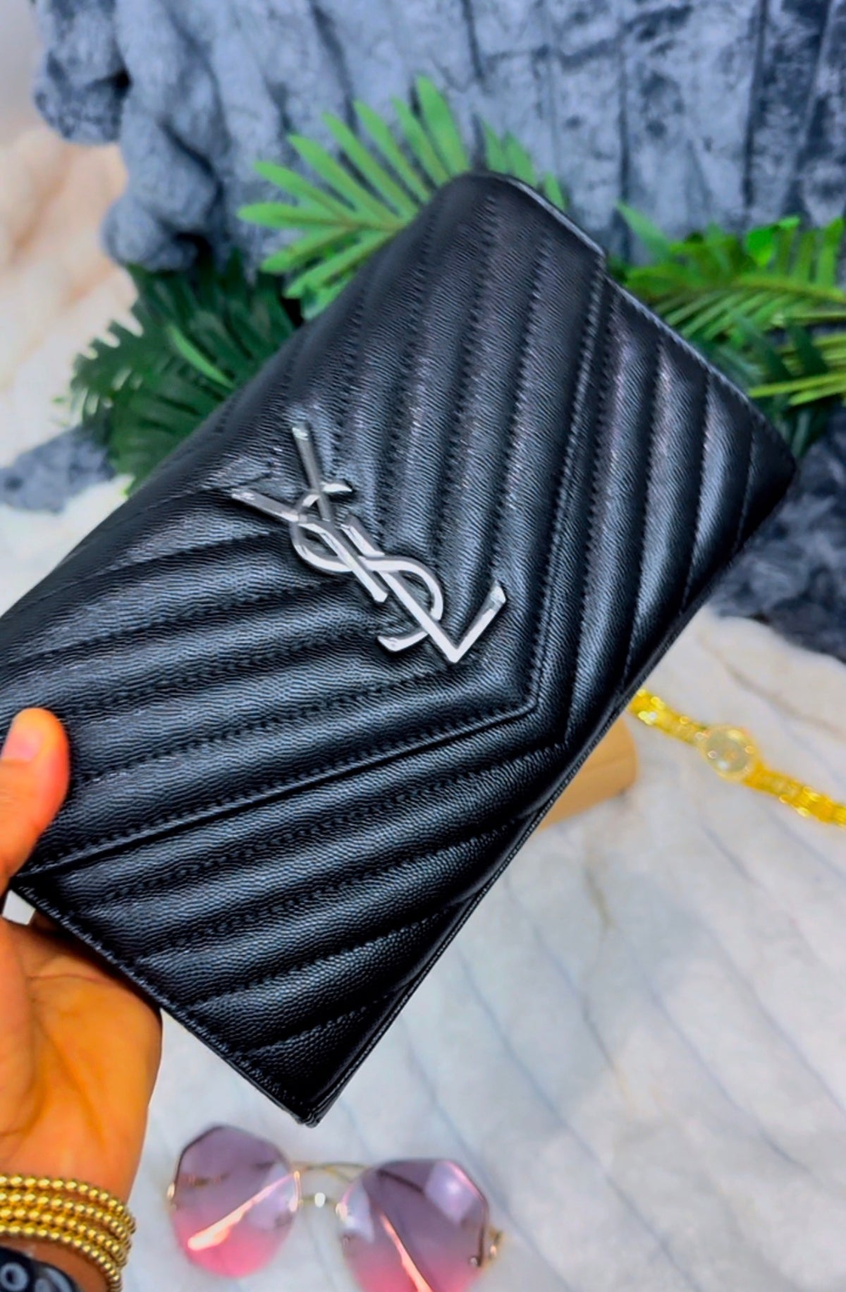 Scratch Resistant Genuine Calfskin Leather {Black & Beige} Wallet on Chain - LASi012