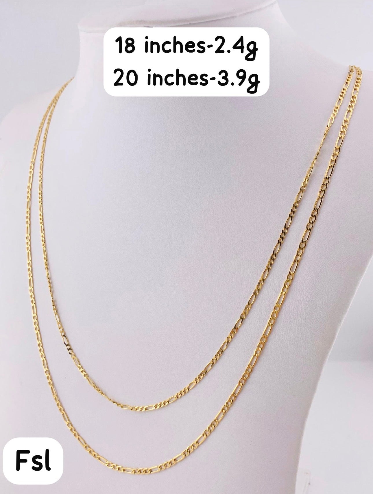 18 Karat Real Gold Figaro Chain Necklace 20 & 22 Inches