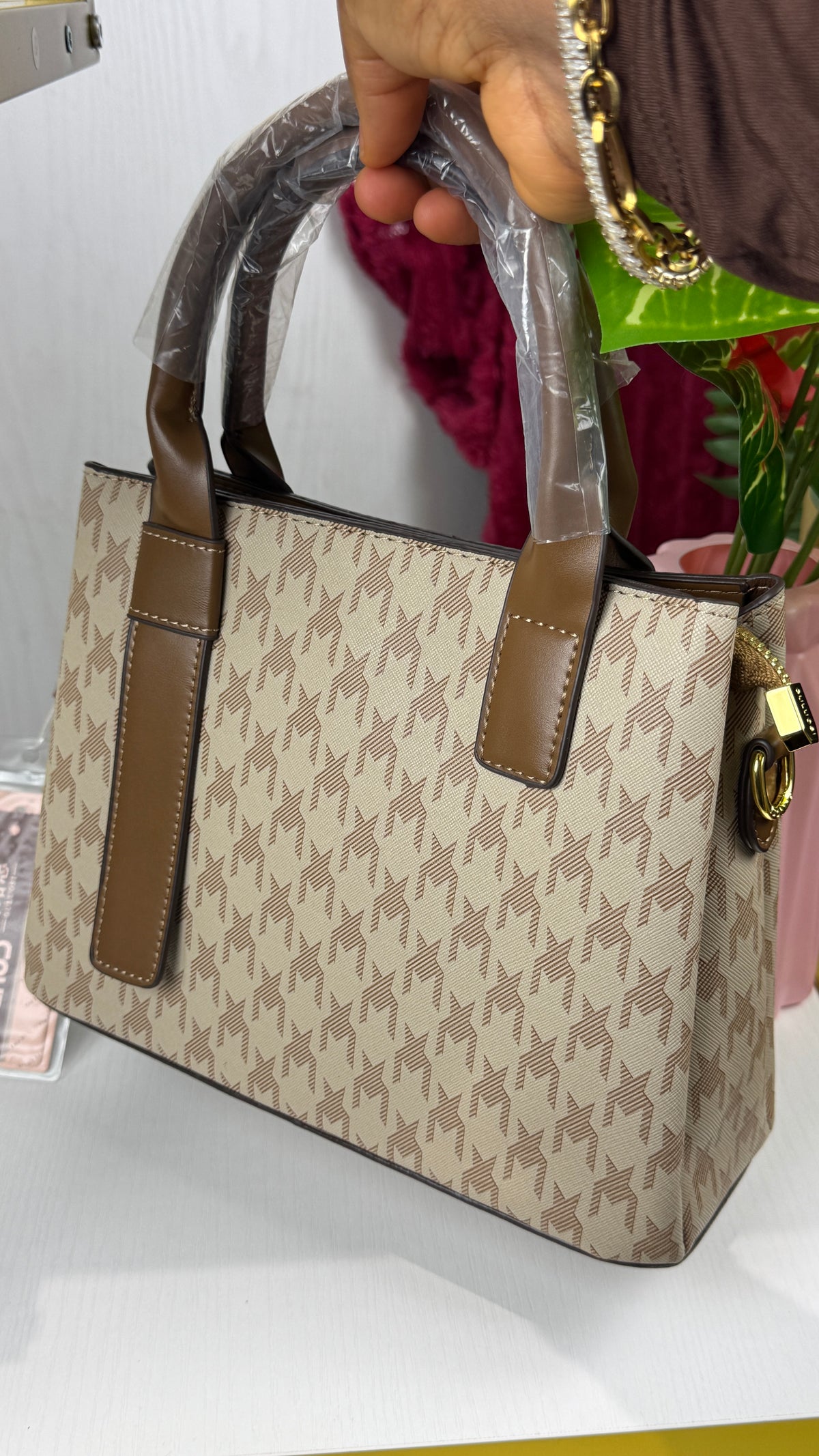 Printed Canvas Monogram Satchel Bag with Brown Leather Handles {Medium} | LARYZ Everyday 011 | Medium