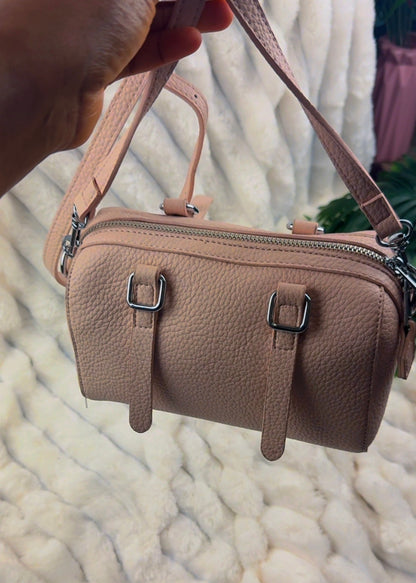 Blush Pink Pebble Leather Barrel Crossbody Bag with Buckle Accents | LARYZ Everyday 015 | Small-Medium