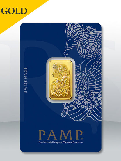 Gold bar in PAMP packaging with blue background