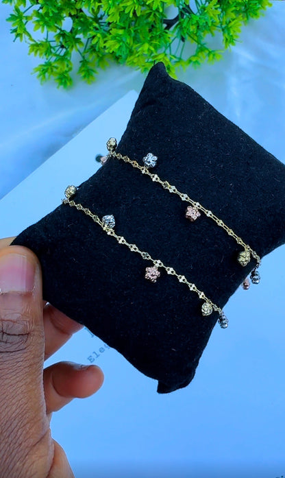 18ct Solid Gold 3-Tone Charm Anklet | 10 Inches | 2.4g