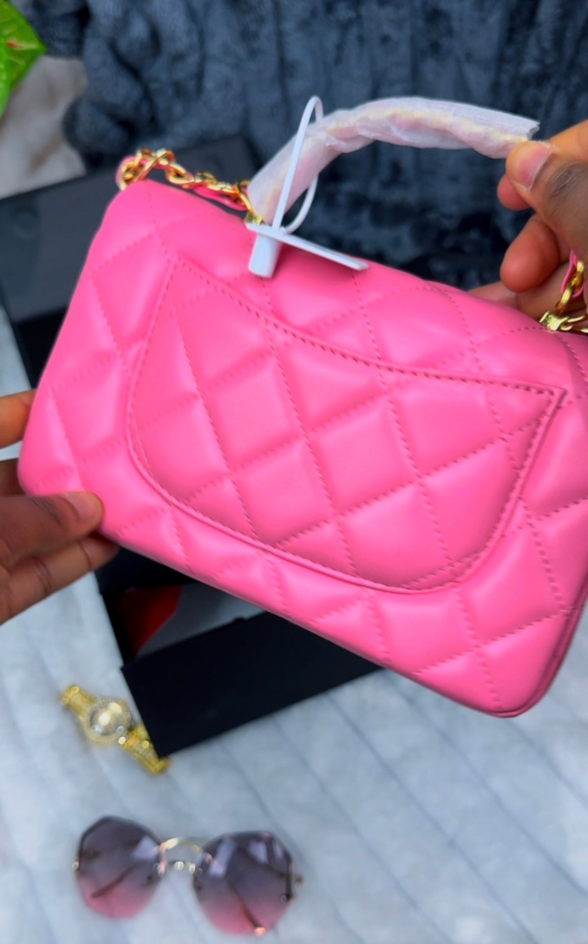Luxury Pink Quilted Leather Crossbody Bag with Chain Handle & Back Pocket - LASi002