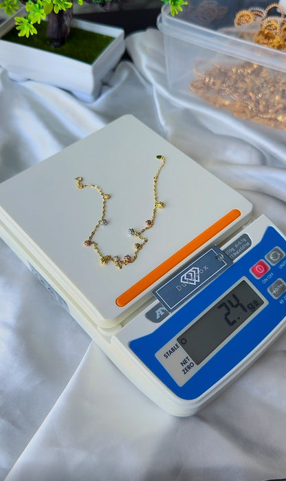 18ct Solid Gold 3-Tone Charm Anklet | 10 Inches | 2.4g