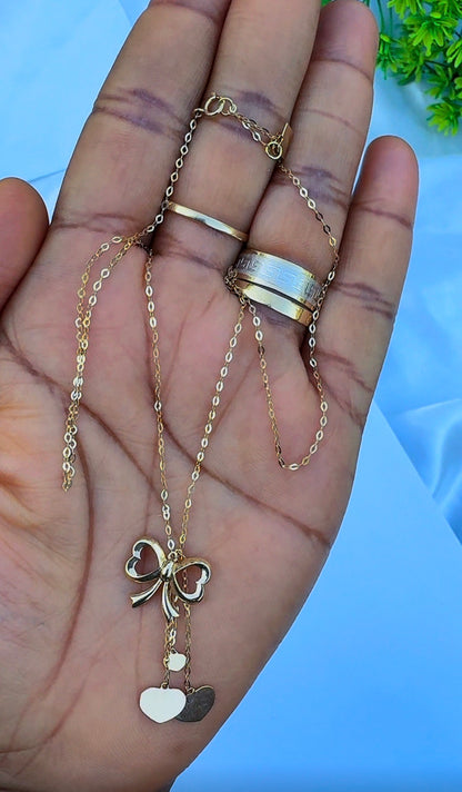 18K Solid Gold Bow Pendant Necklace with Hanging Hearts (1.9g) | Dainty Gold Jewellery | 18 Inches (Extra)