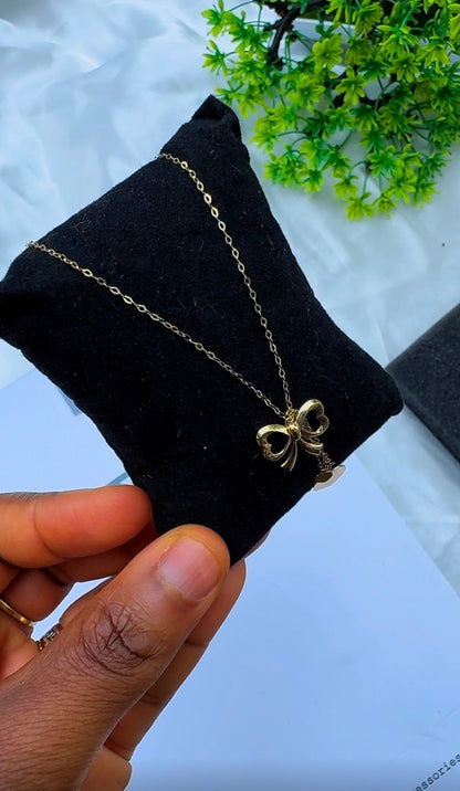 18K Solid Gold Bow Pendant Necklace with Hanging Hearts (1.9g) | Dainty Gold Jewellery | 18 Inches (Extra)